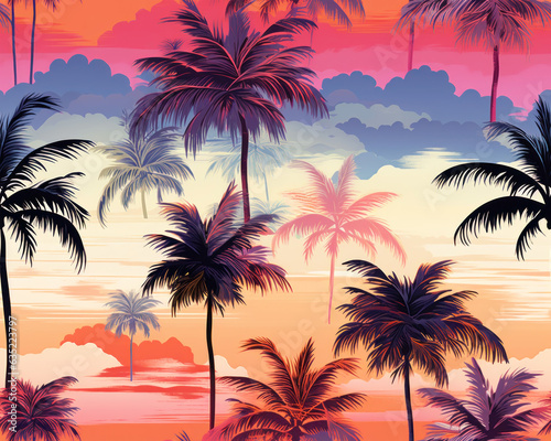 Seamless pattern of palm trees on sunset. Generative AI