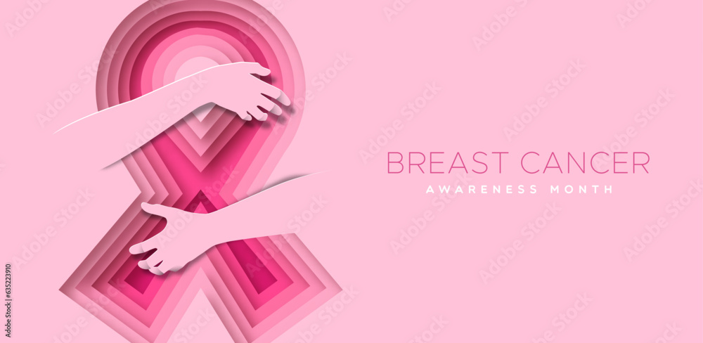 Hugging breast cancer awareness pink ribbon in 3d papercut design
