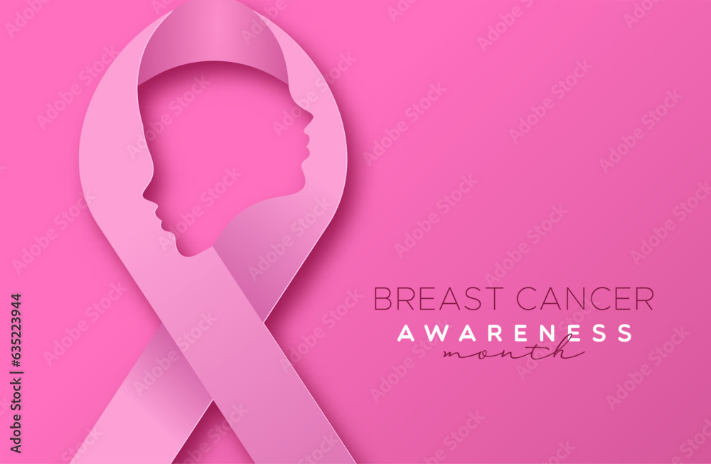 Obraz premium Breast cancer awareness pink ribbon and woman profile papercut card