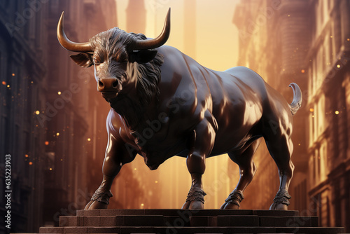Dominant bull statue fronts stocks, graph vector, encapsulating market optimism with realism Generative AI