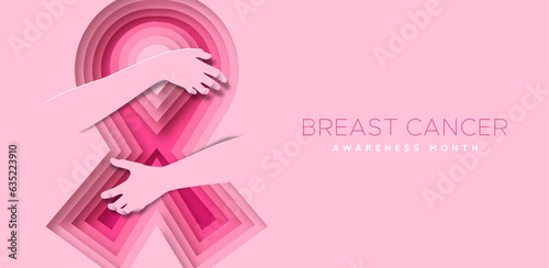Hugging breast cancer awareness pink ribbon in 3d papercut design
