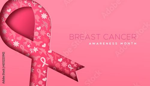 Breast cancer awareness pink ribbon 3d paper cut vector illustration