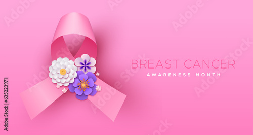 Breast Cancer awareness pink ribbon and flowers papercut template