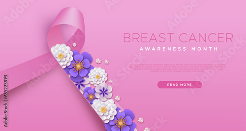 Breast Cancer awareness month pink ribbon and flowers 3d papercut template