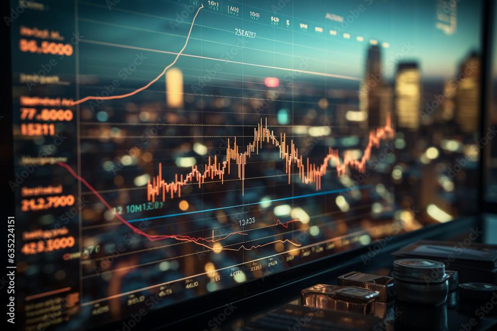 Screen featuring a graph bearing the label financial, visualizing intricate economic trends Generative AI