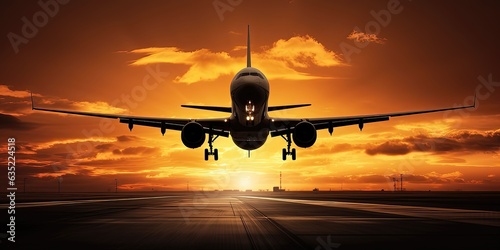Airplane taking off at sunset. 3d render. Business travel concept