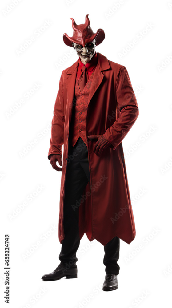 Happy men standing in Devilish Deceiver halloween costume with an isolated transparent background.