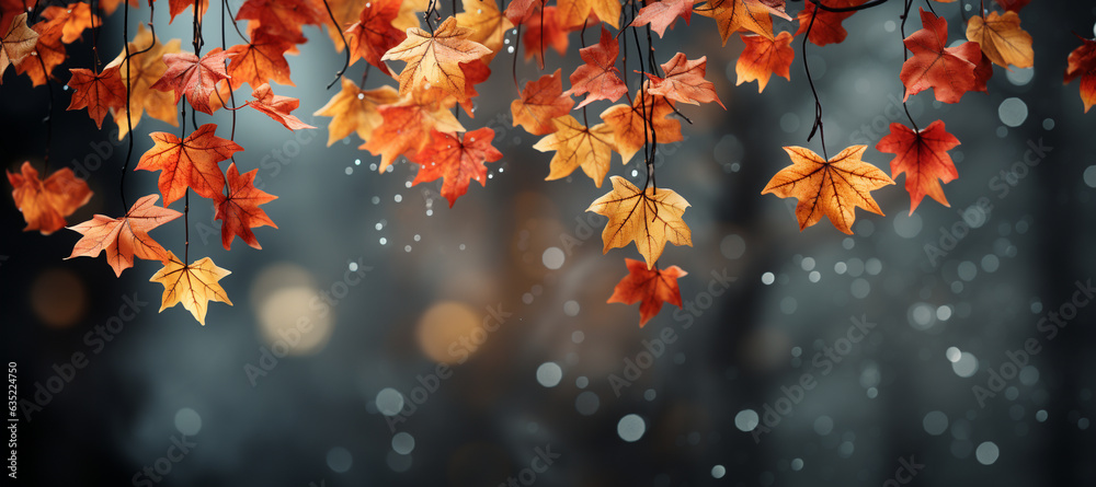 Flying fall maple leaves on autumn Background. Web banner