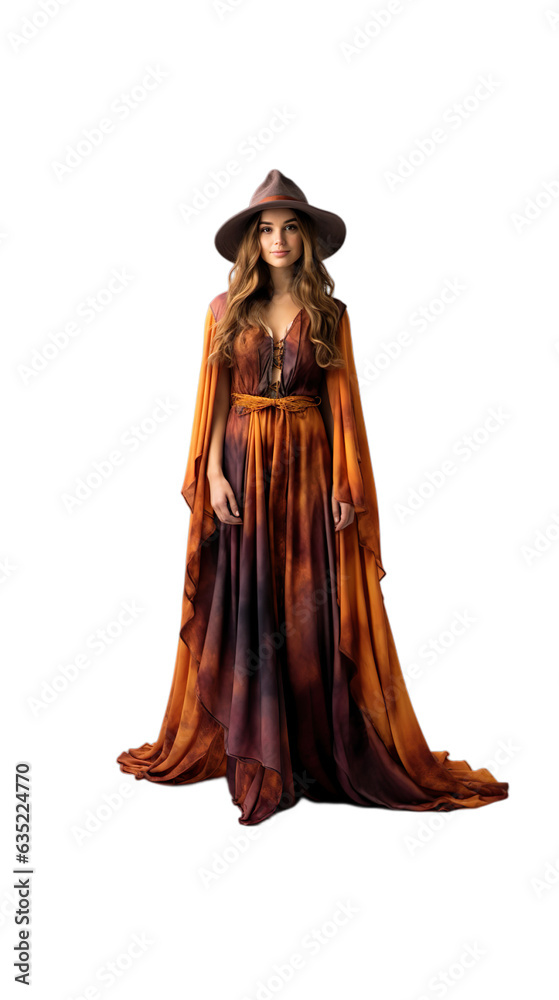 Happy women standing in Spellbinding Sorcerer halloween costume with an isolated transparent background.