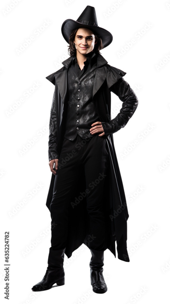 Fototapeta premium Happy gothic young men in Sinister Sorceress Costume halloween with an isolated transparent background.