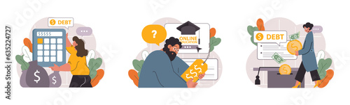 Student debt set. Young graduated character with a financial crisis. Expencive