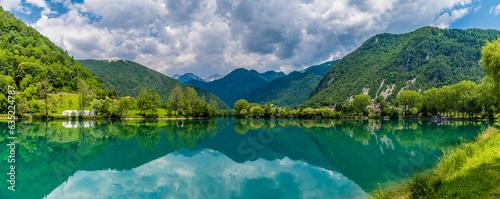 A panorama view across the Lake at Most na Soci in Slovenia in summertime