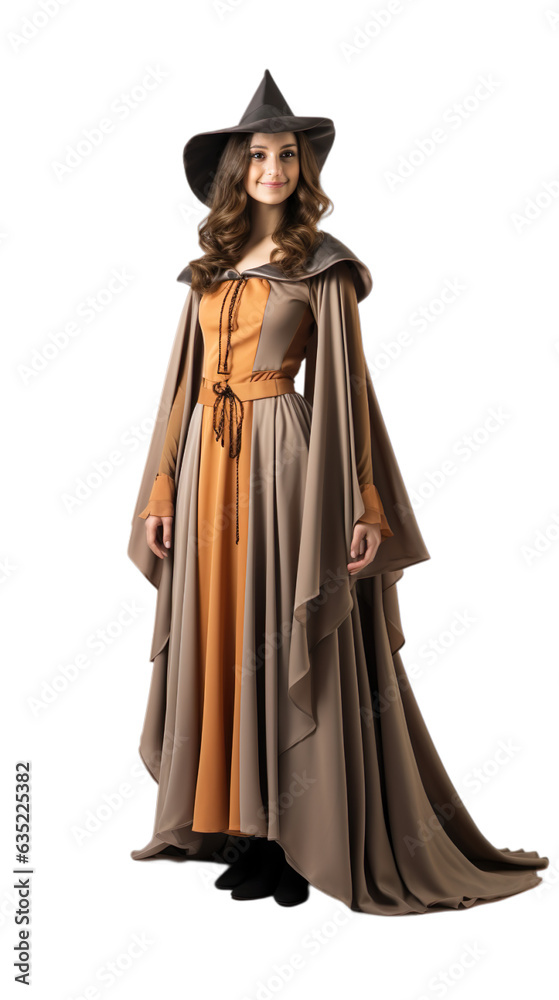Happy women standing in Phantom Pilgrim halloween costume with an isolated transparent background. 