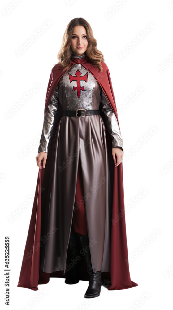 Happy women standing in Cursed Crusader halloween costume with an isolated transparent background.