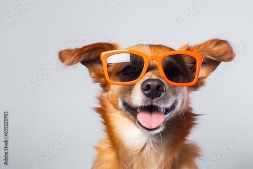 Closeup portrait of dog in fashion sunglasses. Funny pet isolated on white background. Puppy in eyeglass. Fashion, style, cool animal concept with copy space © ratatosk