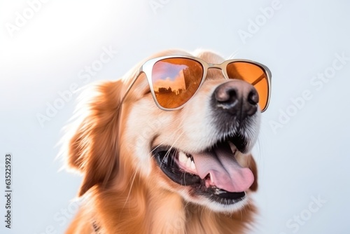 Closeup portrait of golden retriever dog in fashion sunglasses. Funny pet isolated on white background. Puppy in eyeglass. Fashion, style, cool animal concept with copy space
