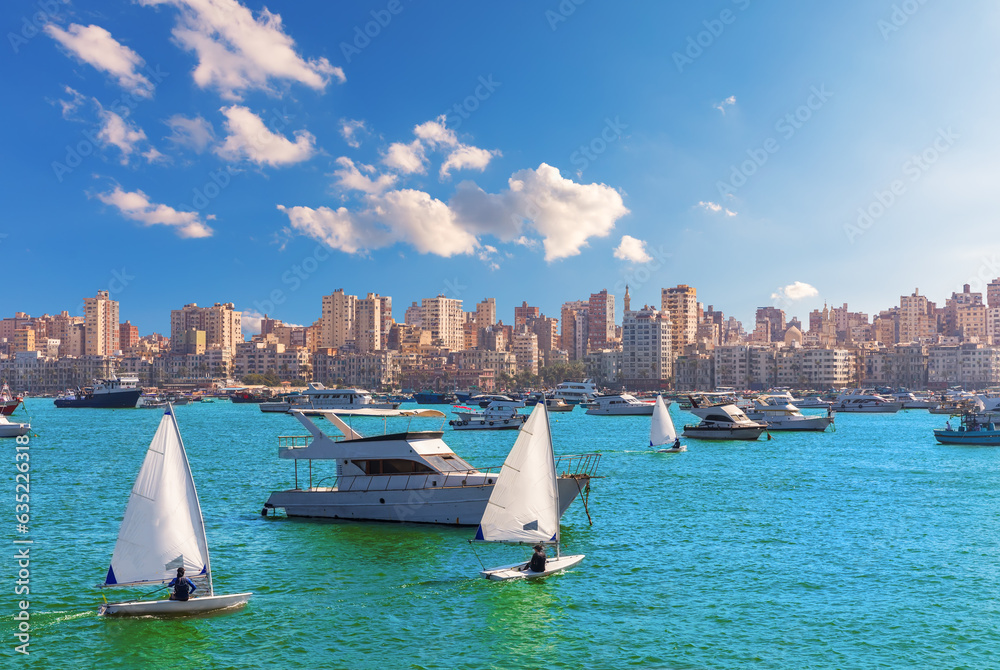 Boats and yachts in the harbor of Alexandria, Mediterranean coast of Egypt
