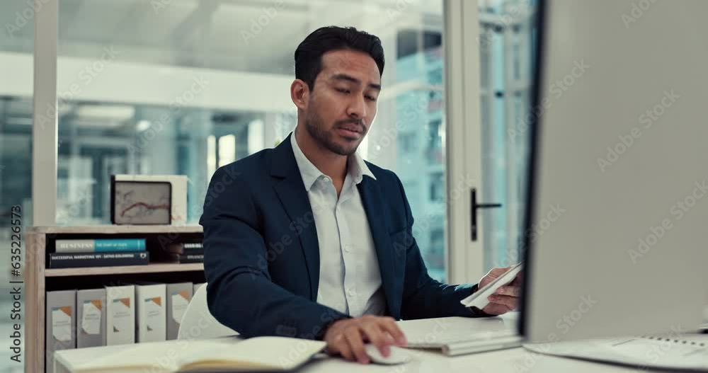 Business man, planning on computer and documents for taxes management, accounting and financial report analysis. Corporate worker or accountant typing on desktop PC and paperwork or job bookkeeping