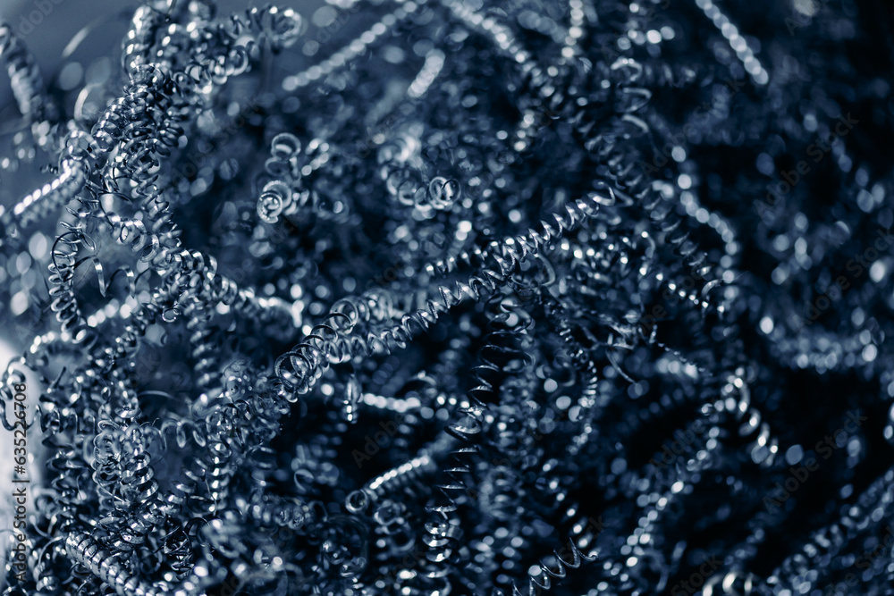 Banner Macro photo of iron metal shavings after CNC drilling lathe machine, Industrial background Banner Macro photo of iron metal shavings after CNC drilling lathe machine, Industrial background