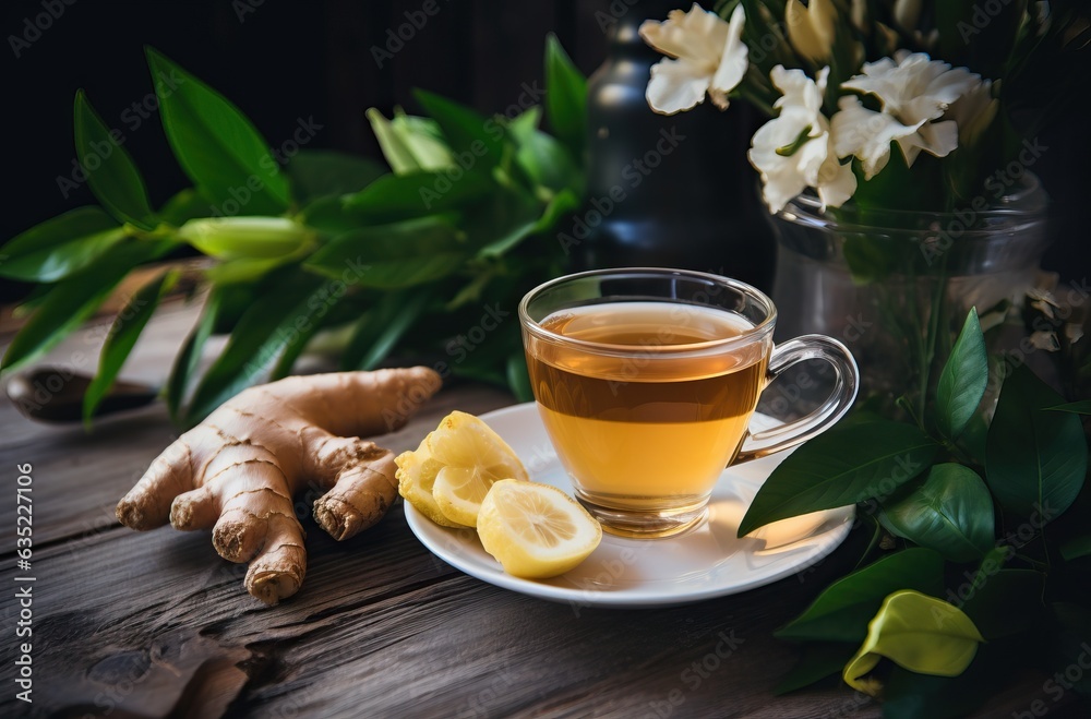 ginger tea, white flowers and leaves with brown cup ginger tea, white flowers and leaves with brown cup