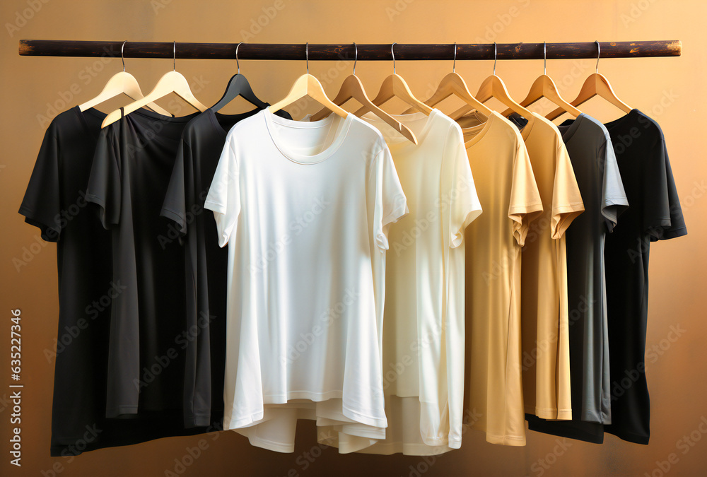 a rack is hung with slender clothing and white t shirts a rack is hung with slender clothing and white t shirts