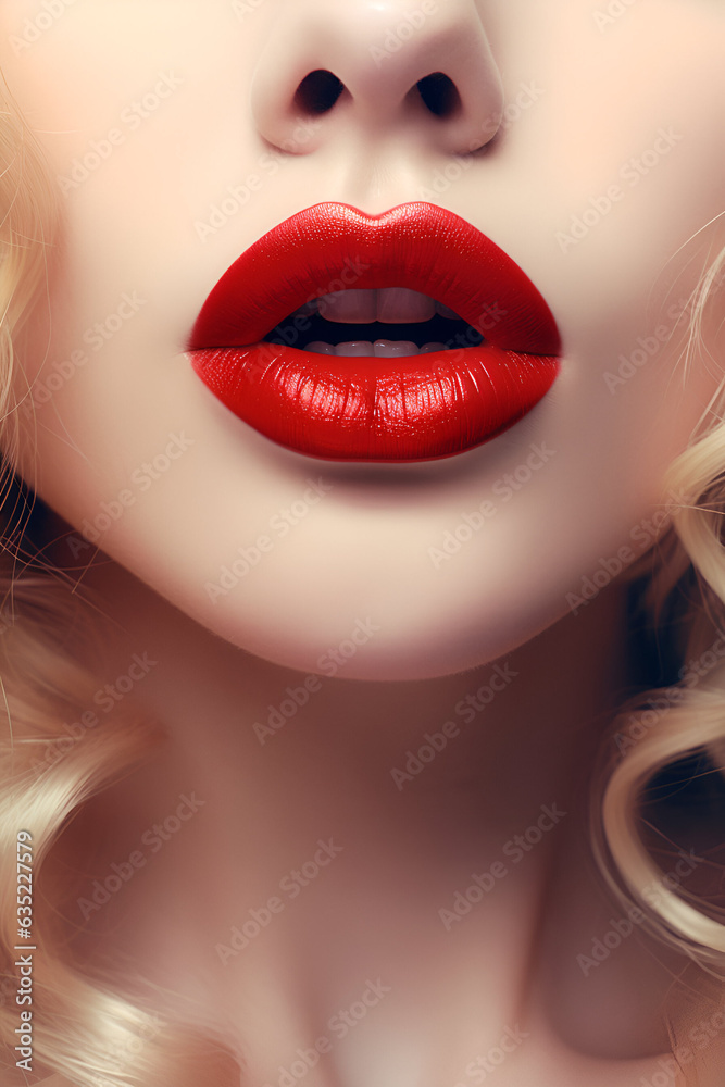 Red lips and blonde hair of young woman Red lips and blonde hair of young woman