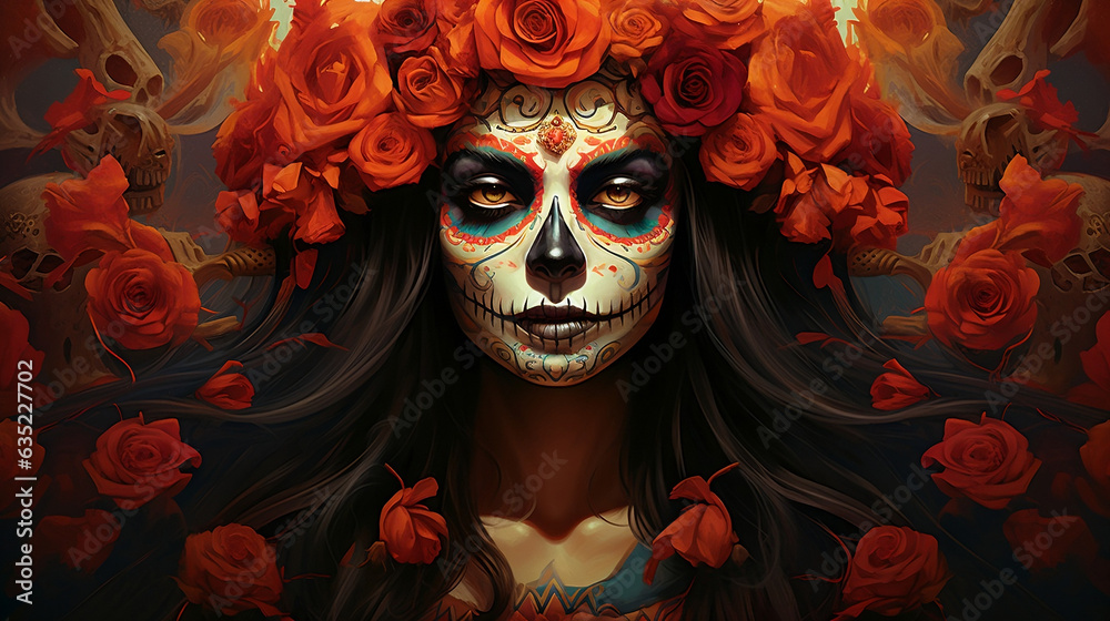 Dia de los muertos. Day of the dead. Tradition. Mexico. Skull-faced mask women portrait. Generative AI