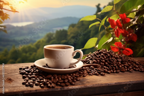 White Cup of Coffee on Wood Table Surrounded by Coffee Beans Overlooking Tropical Forest and Sunrise with Greenery Generative AI