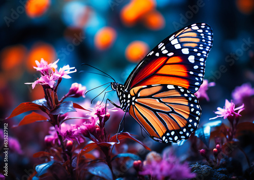 a monarch butterfly resting on purple flowers