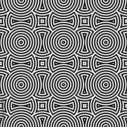 Black figures background. Circles and squares texture. Ethnic motif. Seamless surface pattern design with circular embroidery ornament. Digital paper with rings for textile print, web designing.