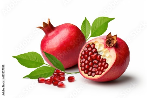 Fresh ripe pomegranate with green leaves isolated