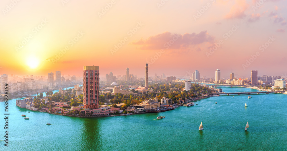 Wonderful sunset panorama of Gezira island and the Nile river in Cairo, Egypt