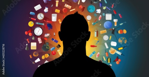 An individual overshadowed by dark, drug-linked symbols, representing the grip of substance abuse.