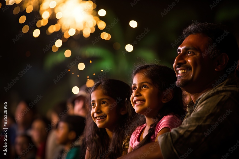 The indian family enjoying the sparkle fireworks as part of the celebration of a festival