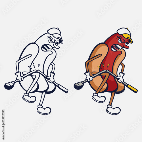 Angry cartoon bratwurst in a bun, breaking a golf club over his knee.