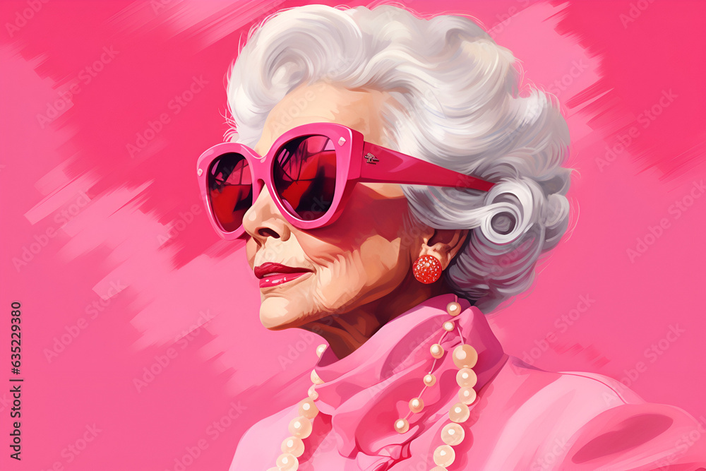 Stylish old woman with pink sunglasses, wrinkled skin, portrait on pink background. Concept about lifestyle, seniority and elderly people