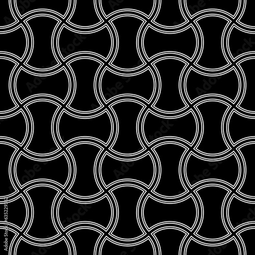 Apple core quilts. Seamless surface pattern design with ethnic ornament. White hollow interlocking axehead figures tessellation on black background. Image with hammerhead shapes. Patchwork art motif.