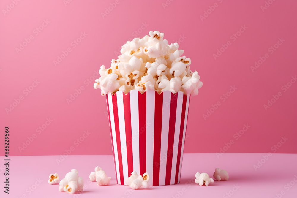 Popcorn in red and white striped bucket isolated on pink background