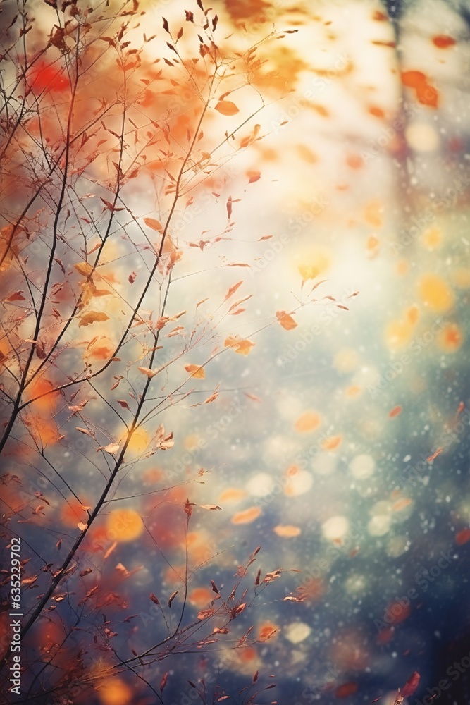 Blurred out fall season abstract nature background with lots of bokeh and a bright center spotlight and a subtle vignette border. ai generative. Blurred out fall season abstract nature background with lots of bokeh and a bright center spotlight and a subtle vignette border. ai generative.
