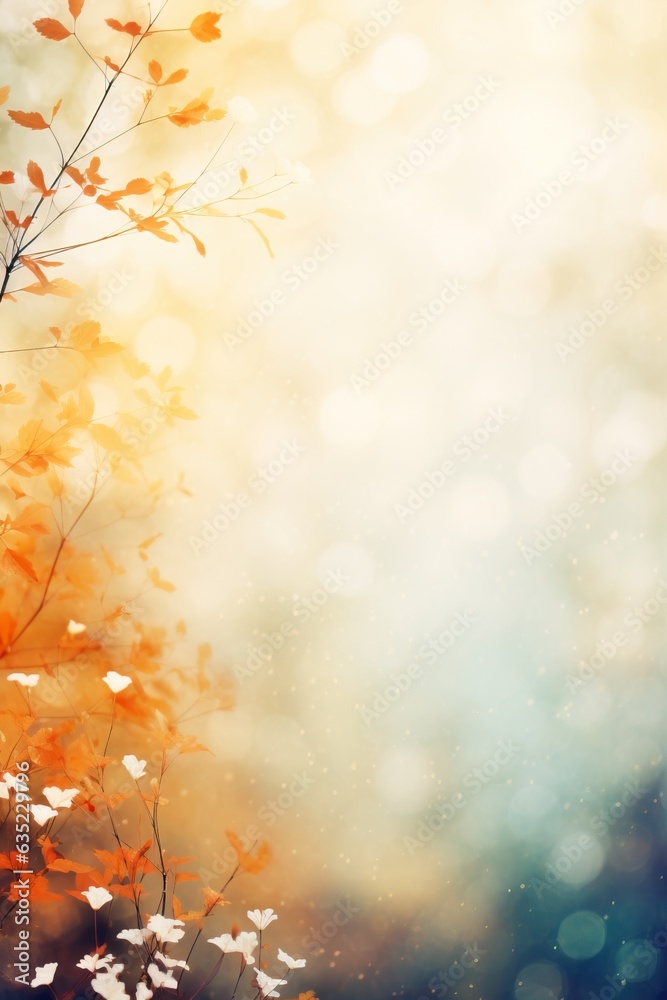 Blurred out fall season abstract nature background with lots of bokeh and a bright center spotlight and a subtle vignette border. ai generative.