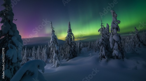 northern lights winter forest, landscape, art