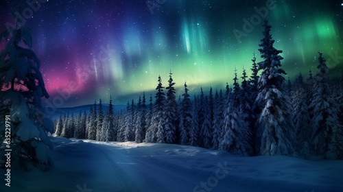 northern lights winter forest, landscape, art