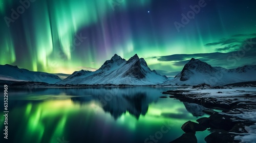 winter mountains northern lights, reflection