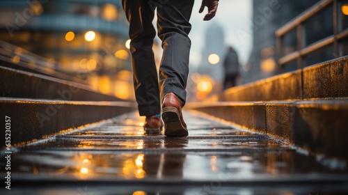 Close up young businessman feet sprinting up stairs office