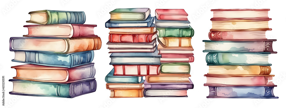 Watercolor Set of stack of books - obrazy, fototapety, plakaty 