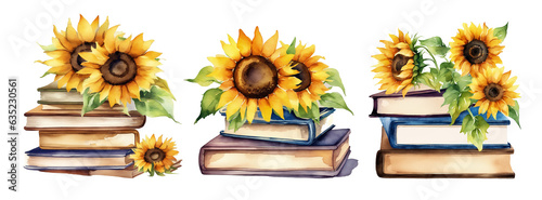 Watercolor Set of books with sunflowers