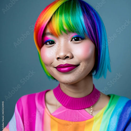 A South Asian woman with short rainbow hair