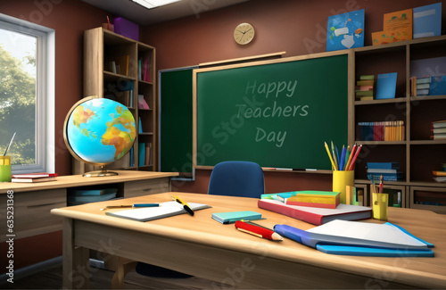 Creative concept of Happy Teachers Day illustration. Back to school. Books & stationery on wooden table with empty classroom school black board background. Class Room. Generative Ai. photo