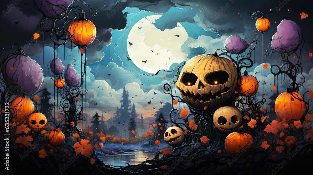 background halloween design ghosts skulls over pumpkins