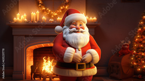 A friendly and friendly 3D Santa Claus smiling at the camera in a virtual Christmas setting.